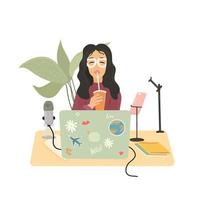 conceito de podcast. ilustração vetorial a garota lidera um podcast online, apresentador de rádio. podcast de áudio vetor