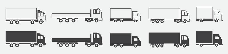conjunto de ilustração de ícones de vetor preto de caminhão e arte de linha em fundo branco