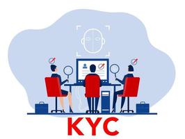 kyc ou conheça seu cliente com negócio verificando a identidade do conceito de seus clientes nos futuros parceiros por meio de um ilustrador vetorial de lupa vetor