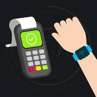 processo de transação sem dinheiro nfc com terminal de pagamento e ilustração de relógio inteligente