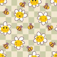 padrão sem emenda de xadrez estilo retro com margaridas e abelhas. vetor
