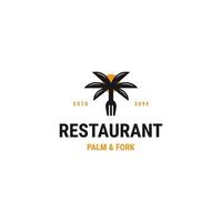 palmeira de árvore e garfo de modelo de design de ícone de logotipo de restaurante vetor