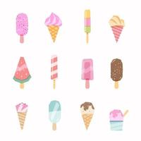 conjunto de ícones de sorvete, vetor multicolor de aparência moderna. grupo de desenhos de sorvete de desenho animado, estilístico de design plano de baixo poli.