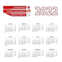 calendário 2022 em língua inglesa com feriados o país de hong kong no ano de 2022. vetor