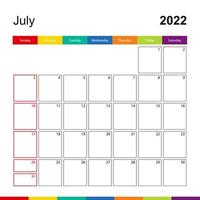 calendário de parede colorido de julho de 2022, semana começa no domingo. vetor