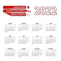 calendário 2022 em língua inglesa com feriados o país do canadá no ano de 2022. vetor