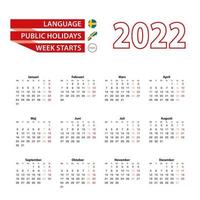 calendário 2022 em língua sueca com feriados o país da suécia no ano de 2022. vetor
