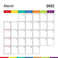 calendário de parede colorido de março de 2022, a semana começa no domingo. vetor