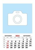 setembro 2022 calendário planejador tamanho a3 com lugar para sua foto. vetor