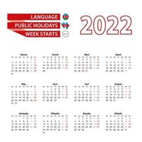 calendário 2022 na língua do azerbaijão com feriados o país do azerbaijão no ano de 2022. vetor