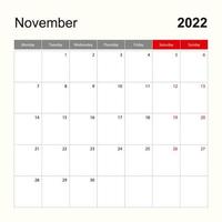 modelo de calendário de parede para novembro de 2022. planejador de férias e eventos, semana começa na segunda-feira. vetor