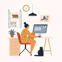 mulher trabalhando em sua mesa em casa. ela tem muito trabalho. mulher trabalhando com laptop em sua mesa de trabalho e testando ui e ux. ilustração em vetor de estudante estudando em casa.