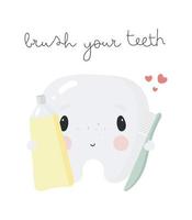cartaz sobre higiene dental em estilo cartoon. a ilustração mostra engraçado dente, pasta de dentes e escova de dentes. conceito odontológico para crianças odontologia e ortodontia. ilustração vetorial.