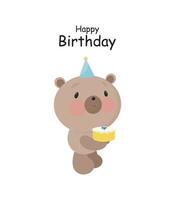 festa de aniversário, cartão, convite para festa. ilustração de crianças com urso fofo com bolo. ilustração vetorial em estilo cartoon. vetor