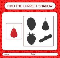 encontre o jogo de sombras correto com maçã rosa. planilha para crianças pré-escolares, folha de atividades para crianças vetor