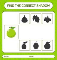 encontre o jogo de sombras correto com goiaba. planilha para crianças pré-escolares, folha de atividades para crianças vetor