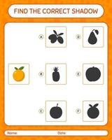 encontre o jogo de sombras correto com laranja. planilha para crianças pré-escolares, folha de atividades para crianças vetor