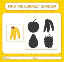 encontre o jogo de sombras correto com banana. planilha para crianças pré-escolares, folha de atividades para crianças vetor