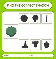 encontre o jogo de sombras correto com abóbora de bolota. planilha para crianças pré-escolares, folha de atividades para crianças vetor