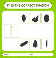 encontre o jogo de sombras correto com daikon. planilha para crianças pré-escolares, folha de atividades para crianças vetor