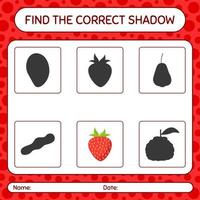 encontre o jogo de sombras correto com morango. planilha para crianças pré-escolares, folha de atividades para crianças vetor