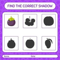encontre o jogo de sombras correto com mangostão. planilha para crianças pré-escolares, folha de atividades para crianças vetor