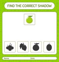 encontre o jogo de sombras correto com goiaba. planilha para crianças pré-escolares, folha de atividades para crianças vetor