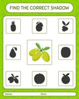 encontre o jogo de sombras correto com azeitona. planilha para crianças pré-escolares, folha de atividades para crianças vetor