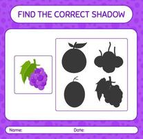 encontre o jogo de sombras correto com uva. planilha para crianças pré-escolares, folha de atividades para crianças vetor