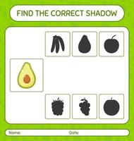 encontre o jogo de sombras correto com abacate. planilha para crianças pré-escolares, folha de atividades para crianças vetor