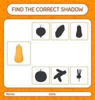 encontre o jogo de sombras correto com squash. planilha para crianças pré-escolares, folha de atividades para crianças vetor