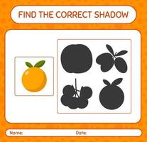 encontre o jogo de sombras correto com laranja. planilha para crianças pré-escolares, folha de atividades para crianças vetor