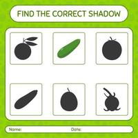 encontre o jogo de sombras correto com abobrinha. planilha para crianças pré-escolares, folha de atividades para crianças vetor