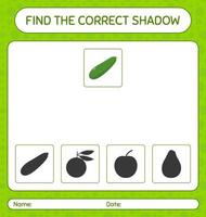encontre o jogo de sombras correto com abobrinha. planilha para crianças pré-escolares, folha de atividades para crianças vetor