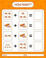 quantos jogo de contagem com doces. planilha para crianças pré-escolares, folha de atividades para crianças vetor
