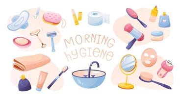coleta de higiene matinal. um conjunto de itens para higiene feminina matinal. autocuidado em casa. ilustração vetorial dos desenhos animados. vetor