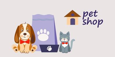 modelo de design de banner de loja de animais. ilustração de desenho vetorial de gatos, cães, casa, comida vetor