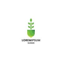 modelo de design de logotipo de pá e folha. fazenda, botânica, verde, vetor moderno