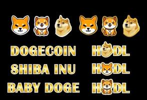 conjunto de moeda criptográfica meme dogecoin shiba inu, baby doge vetor