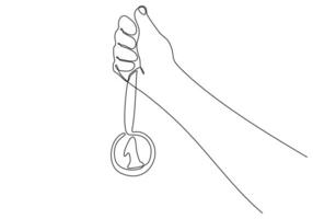 um desenho de linha de mão humana vintage segurando o esboço de fita com medalha de ouro. conceito de design do emblema em estilo retro isolado no fundo branco. ilustração gráfica de vetor de desenho de linha contínua