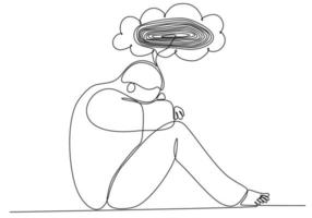 desenho de linha contínua de jovem se sentindo triste, cansado e preocupado sofrendo de depressão na ilustração vetorial de saúde mental vetor