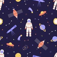 sem costura padrão cosmos doodle é um conjunto de ilustrações vetoriais. ícones de elementos espaciais foguete cosmonauta estrelas satélite telescópio cometa vetor
