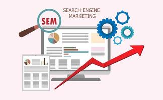 elementos de design moderno plano sobre o processo de marketing do motor de busca. ferramentas de marketing na internet de busca. ilustração vetorial vetor