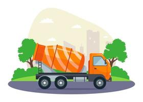betoneira laranja anda na estrada para o canteiro de obras. ilustração vetorial plana.