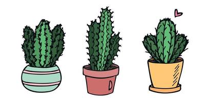 conjunto de cactos simples desenhados à mão bonito. planta de casa em um clipart de pote. ilustração de cactos. doodle em casa aconchegante. vetor