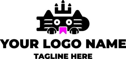 livro logotipo de vetor de gato com coroa, flash e pequena ilustração de arte de linha preta sobre fundo branco.