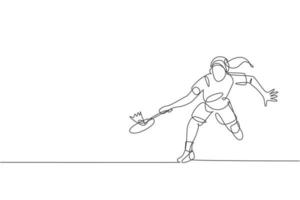 um desenho de linha contínua da defesa do jovem jogador de badminton para segurar o golpe do oponente. conceito de esporte competitivo. ilustração vetorial de desenho de linha única dinâmica para cartaz de promoção de partida de torneio vetor