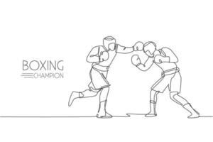 um desenho de linha contínua de dois jovens boxeadores esportivos mostra luta emocionante. conceito de esporte de combate competitivo. ilustração vetorial de desenho de linha única dinâmica para cartaz de promoção de luta de boxe vetor