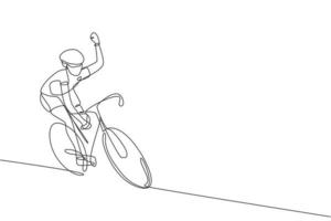 um desenho de linha contínua da mão de onda de ciclista desportivo jovem para os adeptos. conceito de ciclista de estrada. ilustração em vetor gráfico dinâmico de desenho de linha única para cartaz de competição de ciclismo