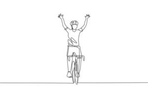 um desenho de linha contínua do jovem ciclista desportivo cruza a linha de chegada e levanta as mãos. conceito de ciclista de estrada. ilustração vetorial de desenho de linha única para cartaz de competição de ciclismo vetor